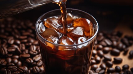 A coffee bean plunging into a cup of cold brew