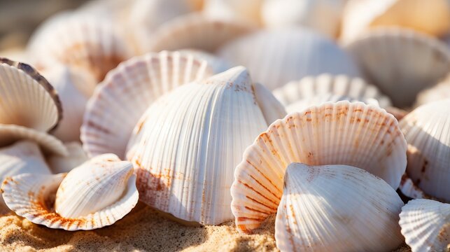 A closeup of textured seashells on the shore