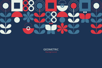 Geometric design with blue red, and white on a dark blue background, arrange the elements on top with copy space for text. Vector Illustration.