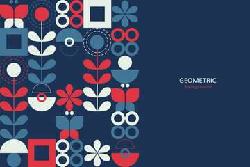 Geometric design with blue red, and white on a dark blue background, arrange the elements on the left-hand side with copy space for text. Vector Illustration.