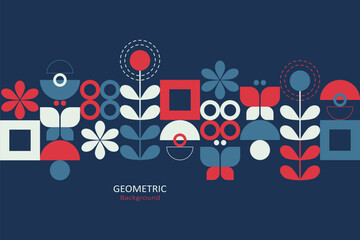 Geometric design with blue red, and white on a dark blue background, arrange the elements for copy space for text. Vector Illustration. © nooumaporn