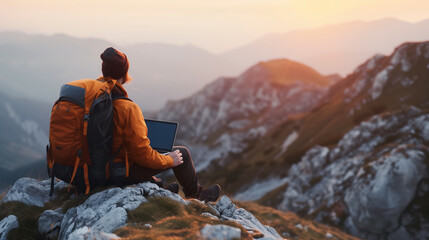 Hiker with laptop seated on mountain summit at sunrise, embracing the remote work lifestyle - obrazy, fototapety, plakaty