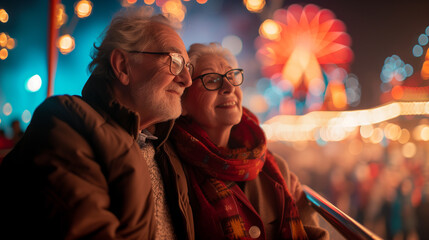 Obraz premium Senior couple enjoying a ride at amusement park at night.