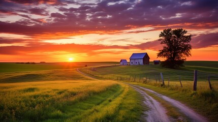 Naklejka na ściany i meble A rural landscape aglow with the setting sun