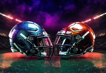 Two football helmets with red and blue helmets on a background