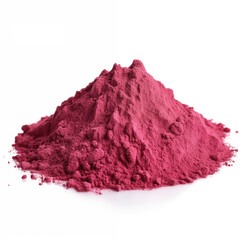 close up pile of finely dry organic fresh raw pitaya powder isolated on white background. bright colored heaps of herbal, spice or seasoning recipes clipping path. selective focus