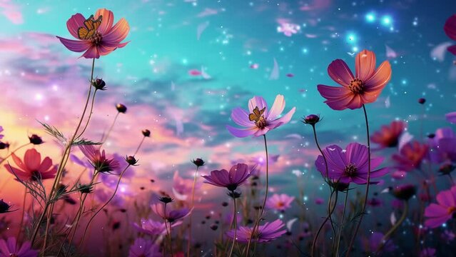 beautiful of cosmos at sky. flowers background with beautiful sky. seamless looping overlay 4k virtual video animation background