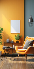 Mild colored Interior mockup with house background. Modern interior design.with copy space. colorful modern interior with two armchair in a colorful color background wall, living room in modern. Ai