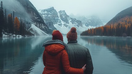 Couple looking at Moraine lake, Banff, Canada - obrazy, fototapety, plakaty