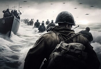 Original illustration of the allied D-Day invasion of Europe in 1944. Generative AI - obrazy, fototapety, plakaty