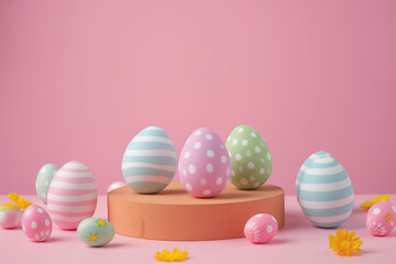 Fototapeta na wymiar Pastel Easter eggs with patterns on a podium, pink background.