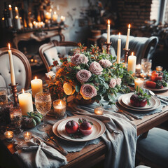 a table set for a dinner with candles and flowers, a stock photo  shutterstock contest winner, romanticism, stockphoto, stock photo, photo taken with nikon d750