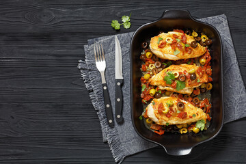 chicken breasts with vegetables, olives, top view