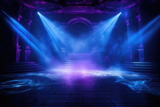 The dark stage shows empty dark blue purple pin background, Empty night scene, beams of spotlights and diodes, neon light, shadows, glare and reflections, AI generated