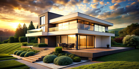 Obraz premium Sunset Glow Over House in Village