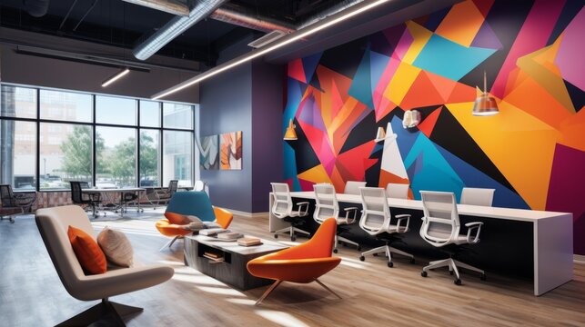 A modern office with colorful accent walls and artwork