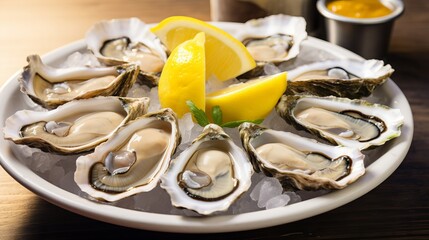 A mouthwatering plate of freshly shucked oysters with lemon wedges