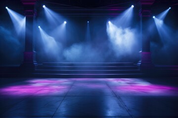 Empty scene with blue purple neon stage spotlight, Modern dance stage light background with...