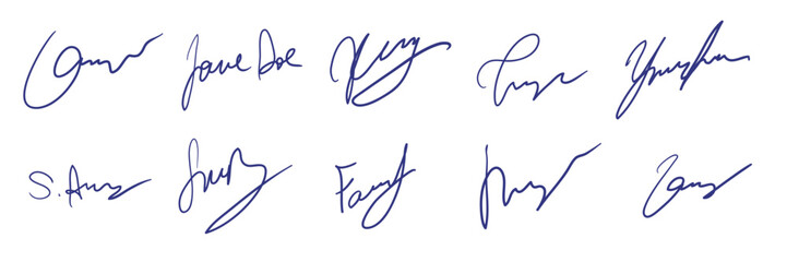 Set of fake autographs, signature. Hand writing, blue ink pen. Vector