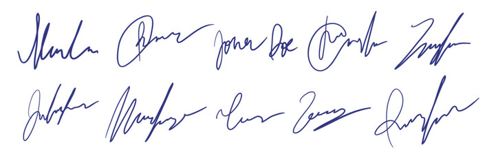 Set of fake autographs, signature. Hand writing, blue ink. Vector