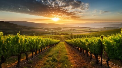 Fototapeta premium A peaceful vineyard with rows of grapevines for a wine themed call