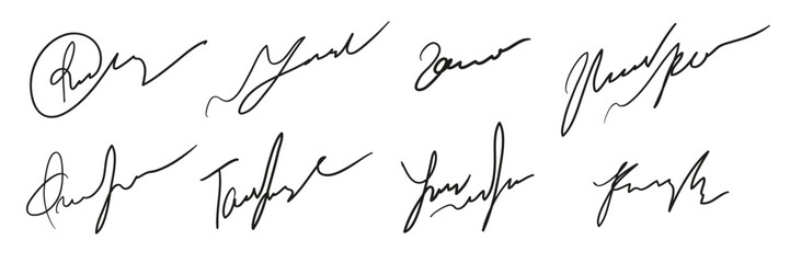 Set of fake autographs, signature. Hand writing, black ink. Vector