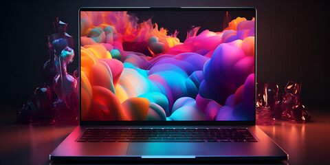 Mockup of beautiful laptop with multicolor laptop wallpaper on dark background  