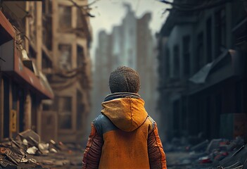 A child stands on the street wearing a jacket and looks with his back at his destroyed city. Generative AI