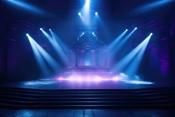 Empty scene with blue purple neon stage spotlight, Modern dance stage light background with...