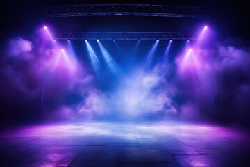 Empty scene with blue purple neon stage spotlight, Empty night scene, beams of spotlights and diodes, neon light, shadows, glare and reflections, AI generated