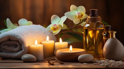 A soothing spa setting with candles and essential oils