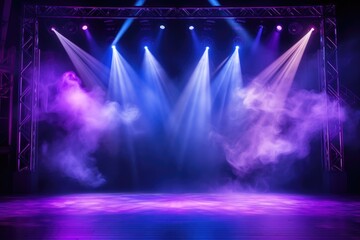 Empty scene with blue purple neon stage spotlight, Empty night scene, beams of spotlights and...