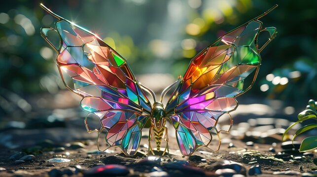 large stunningly beautiful fairy wings Fantasy abstract paint colorful butterfly sits on garden.The insect casts a shadow on nature.The insect has many geometric angles