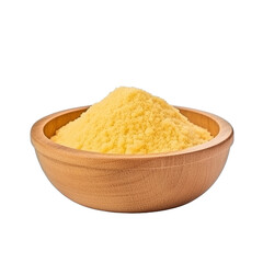 pile of finely dry organic fresh raw corn silk powder in wooden bowl png isolated on white background. bright colored of herbal, spice or seasoning recipes clipping path. selective focus