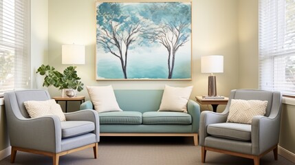 A therapist's office with calming artwork on the walls