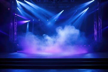 Empty scene with blue purple neon stage spotlight, Empty night scene, beams of spotlights and diodes, neon light, shadows, glare and reflections, AI generated