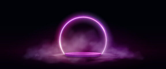 Pink neon glowing circular arch frame with cylinder product podium and smoke over water surface with reflections. Realistic vector illustration of round platform with bright ring border and fog cloud.