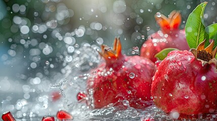 Vibrant Red Pomegranate With Splashing Water, Fresh Fruits, Healthy Eating 