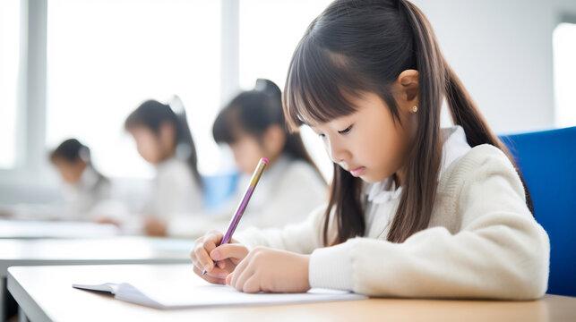 Diligent Young Girl Focused on Writing in Her Notebook at school. Education and Learning Concept