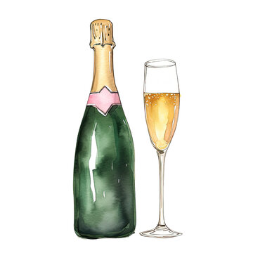 AI-generated watercolor Green Champagne Bottle and glass Clip Art Illustration. Isolated elements on a white background.