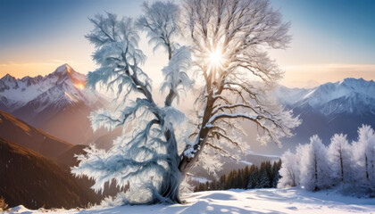 A single frosted tree stands out against a snowy mountain backdrop as the sun rises, ai generated