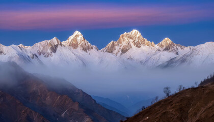 Obraz premium Twilight descends on snow-capped mountains peeking through a blanket of clouds, ai generated.