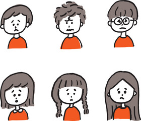 子ども　アイコン　手描き　シンプル　困り顔 イラスト kids child  icon hand-drawn simple worried face