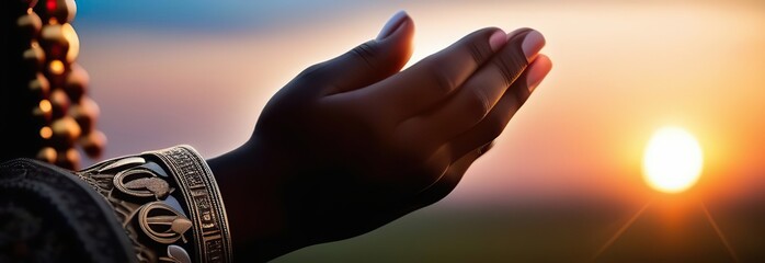 A praying hand with faith in religion and belief in God is set against a background of blessings. There is hope or love and devotion behind it.