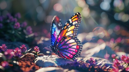 large stunningly beautiful fairy wings Fantasy abstract paint colorful butterfly sits on garden.The insect casts a shadow on nature.The insect has many geometric angles - obrazy, fototapety, plakaty