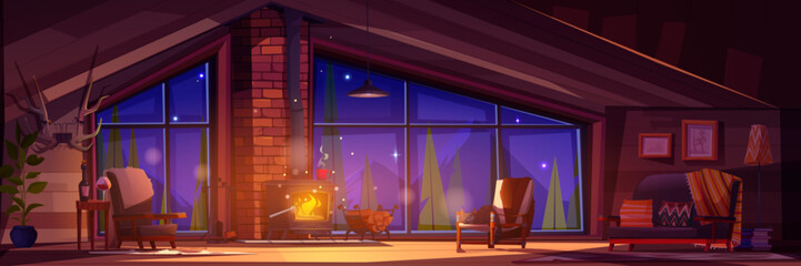 Wooden chalet interior with fireplace at night. Vector cartoon illustration of warm living room, vintage armchairs and couch near fire, wine bottle on table, mountain forest and starry sky in window