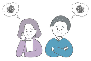 悩んでいる高齢の男女のイラスト