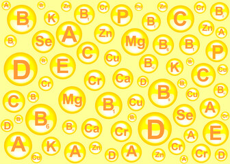 Seamless pattern. Multi Vitamin complex icons. Vitamin A, B group - B1, B2, B3, B5, B6, B9, B12, C, D, E, K, PP multivitamin, isolated yellow background. Medical image. 
Bubbles. Vector illustration.