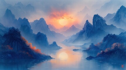 Fototapeta na wymiar painting of sunrise in mountains and rivers