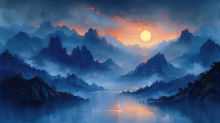 Fototapeta na wymiar painting of sunrise in mountains and rivers